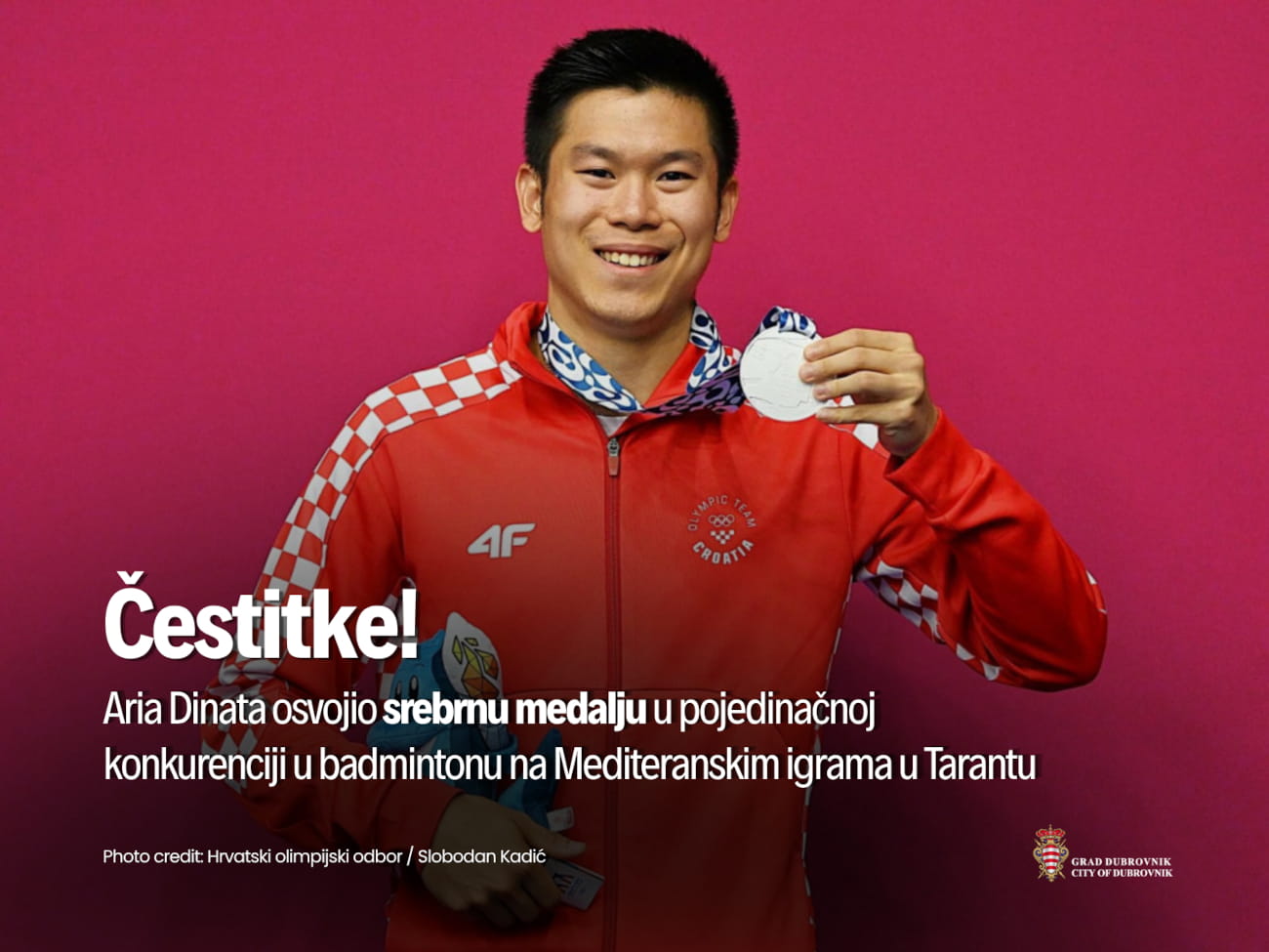 ČLAN BADMINTONSKOG KLUBA DUBROVNIK ARIA DINATA OSVOJIO SREBRO NA MEDITERANSKIM IGRAMA U TARANTU, GRADONAČELNIK UPUTIO ČESTITKU