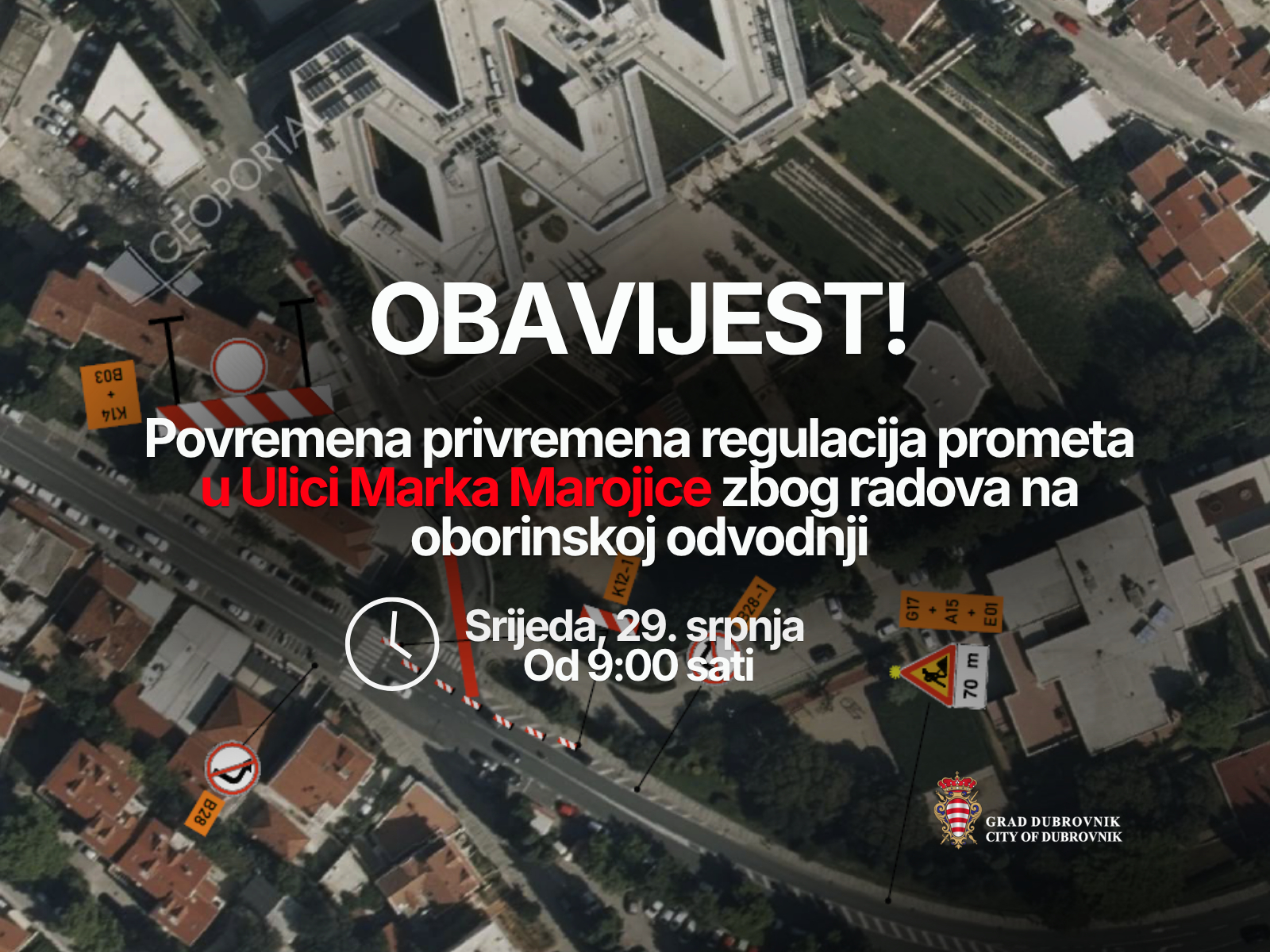 POVREMENA ZATVARANJA PROMETA U ULICI MARKA MAROJICE ZBOG RADOVA NA OBORINSKOJ ODVODNJI