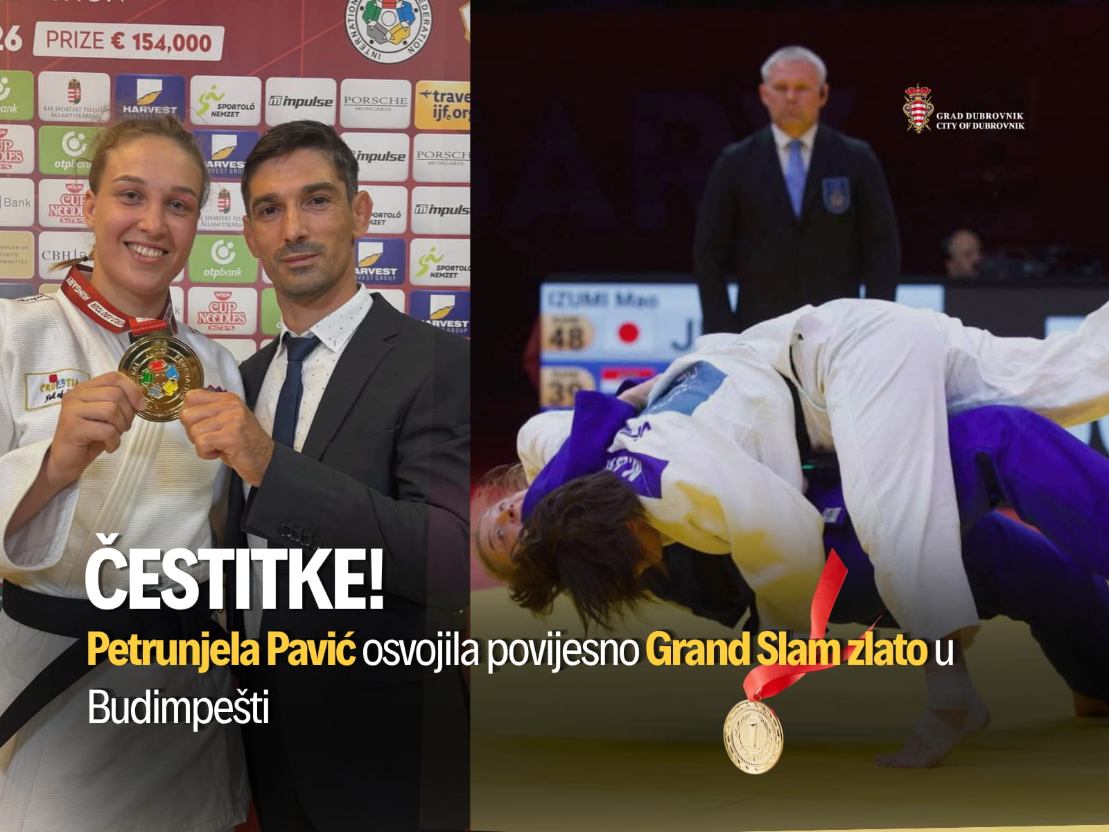 GRADONAČELNIK FRANKOVIĆ ČESTITAO PETRUNJELI PAVIĆ NA OSVOJENOM POVIJESNOM GRAND SLAM ZLATU U BUDIMPEŠTI