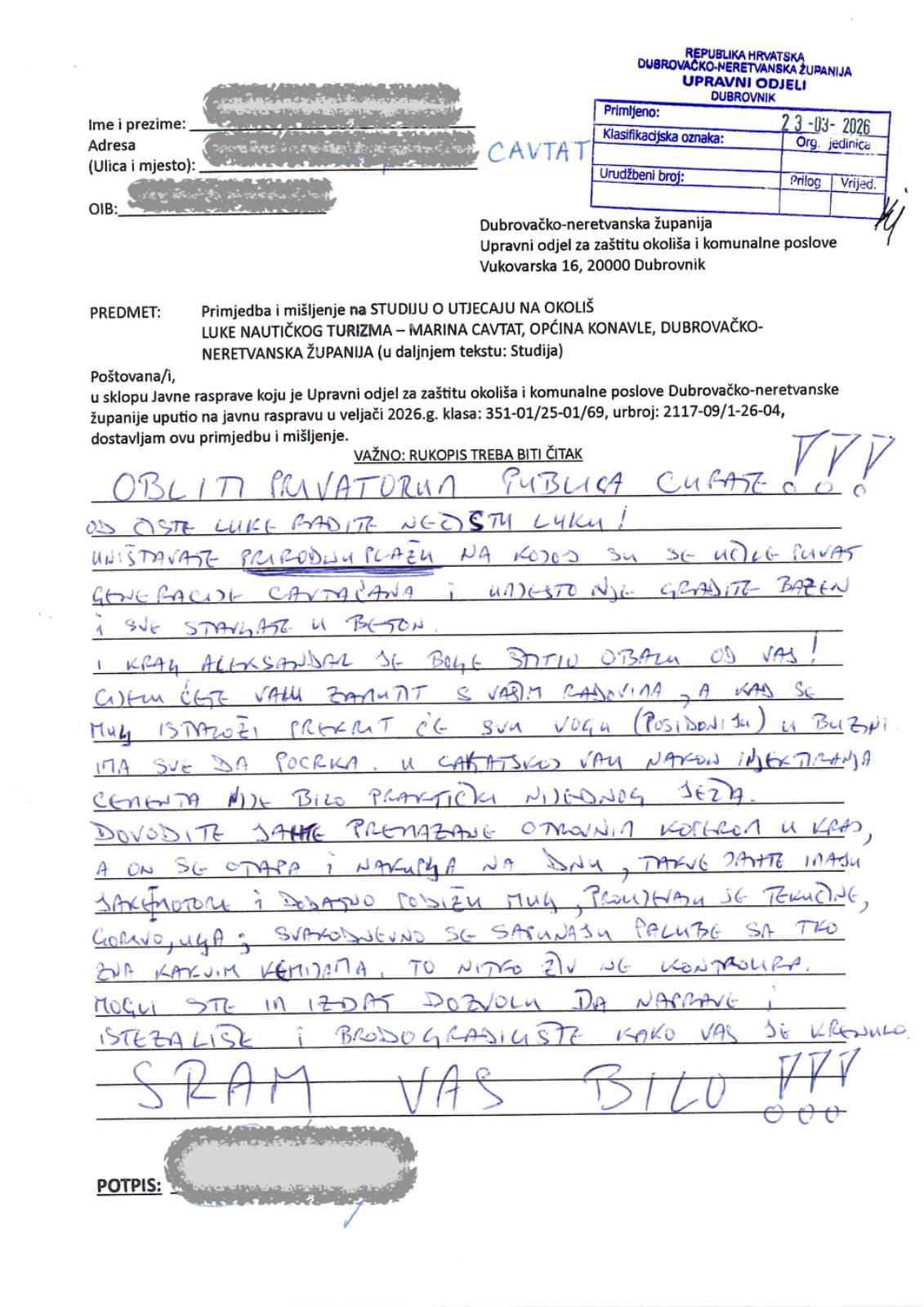 primjedba cavtat prahivac 270326