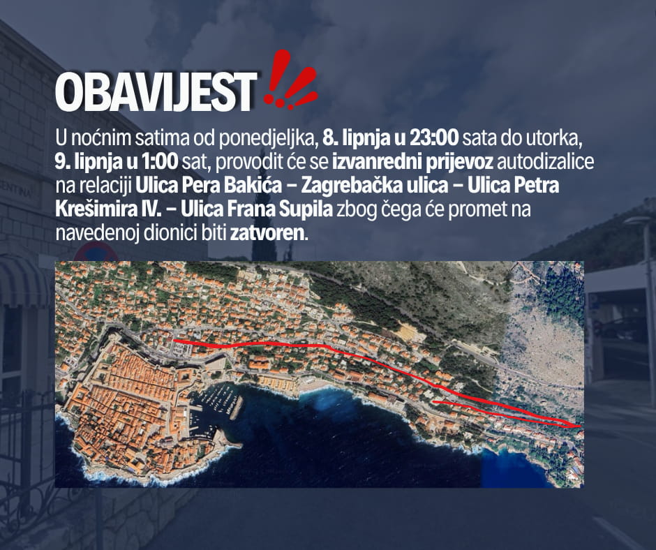 PRIVREMENO ZATVARANJE PROMETA ZBOG IZVANREDNOG PRIJEVOZA AUTODIZALICE U NOĆI S 8. NA 9. LIPNJA