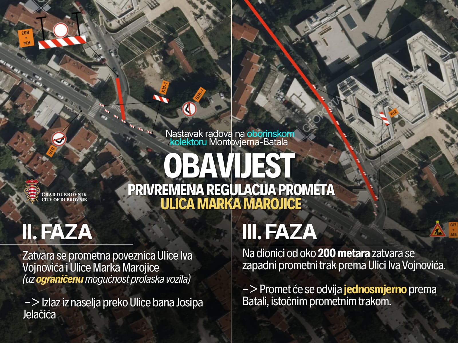 PRIVREMENA REGULACIJA PROMETA U ULICI MARKA MAROJICE ZBOG IZVOĐENJA RADOVA NA OBORINSKOM KOLEKTORU MONTOVJERNA–BATALA