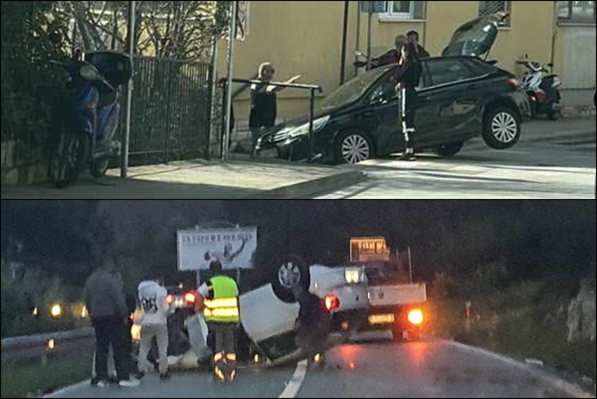 VOZAČ PREVRNUTOG AUTOMOBILA LAKŠE OZLIJEĐEN; U GRUŽU JEDNO VOZILO UMALO ZAVRŠILO NIZ SKALINE