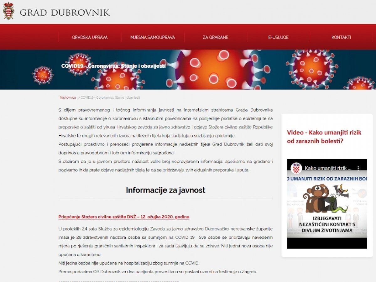 Informacije o korona virusu i na stranicama Grada Dubrovnika