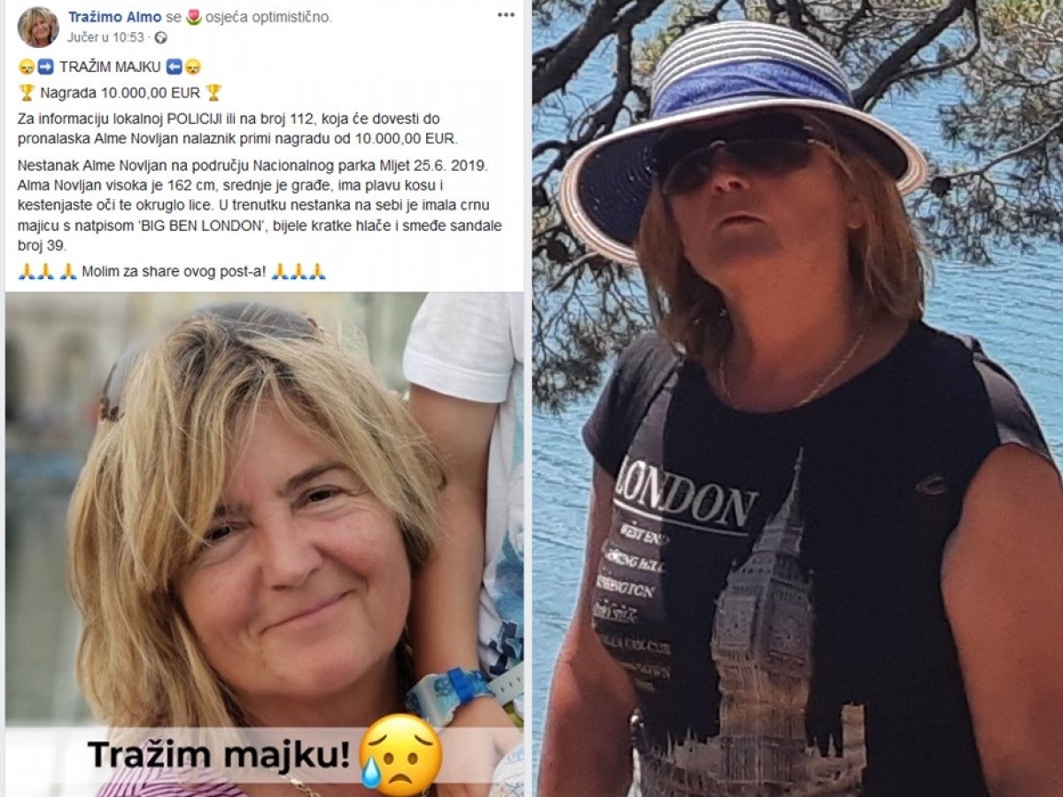 Obitelj nestale Slovenke Alme Novljan na Mljetu nudi nagradu od 10 tisuća eura za informaciju koja bi dovela do njenog pronalaska