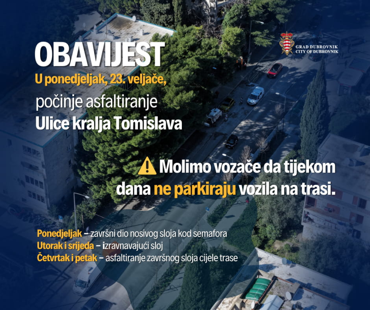 OBAVIJEST GRADA DUBROVNIKA O ASFALTIRANJU NA BULEVARU I SEMAFORIMA