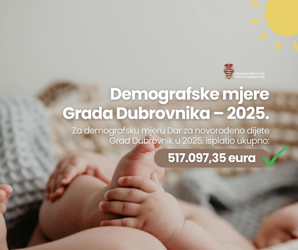 ZA DEMOGRAFSKU MJERU DAR ZA NOVOROĐENO DIJETE GRAD DUBROVNIK U 2025. ISPLATIO UKUPNO 517.097 EURA