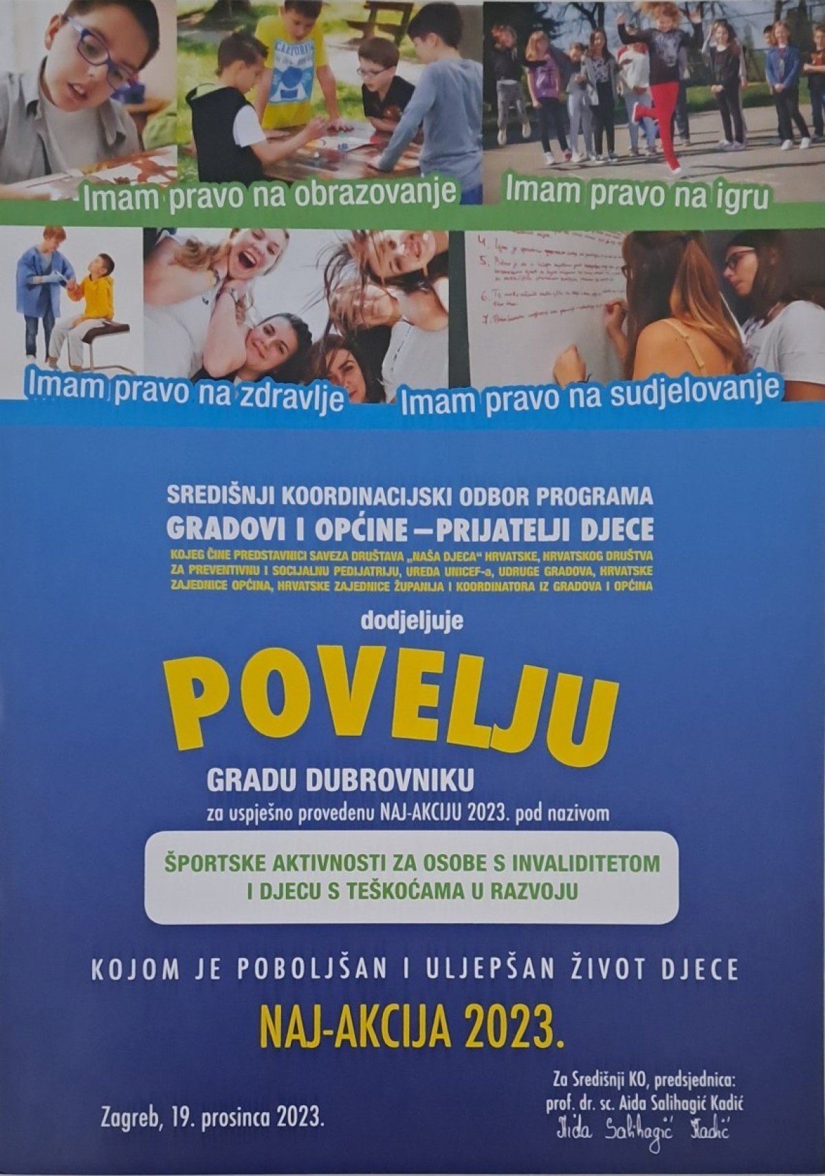GRAD DUBROVNIK DOBIO POVELJU DRUŠTVA NAŠA DJECA ZA NAJ AKCIJU 2023.